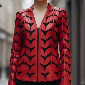 Shirt Women Sheer Top Blouse Jacket Leather Outfit Handmade Leaf Pattern